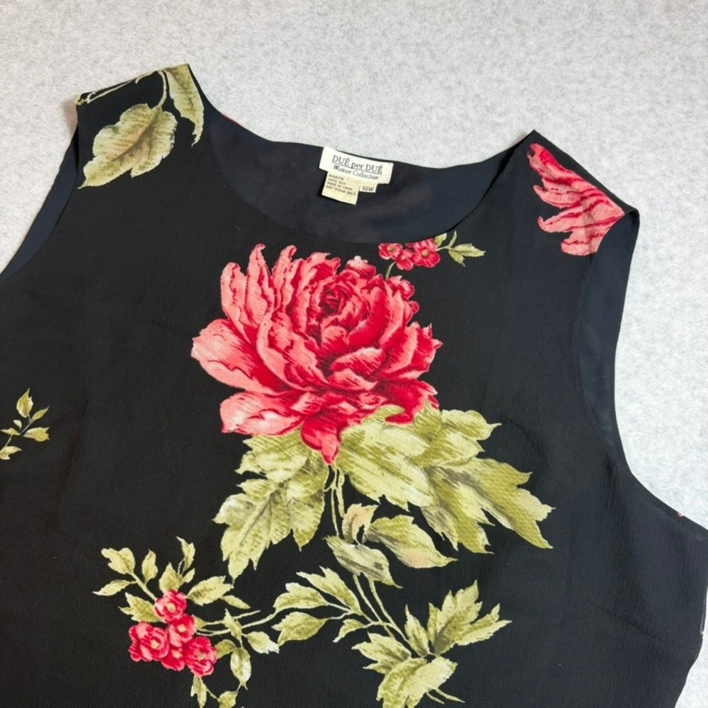DUE per DUE Vintage Tank Top Women 18W Black Floral Silk Sleeveless Ruffle Hem